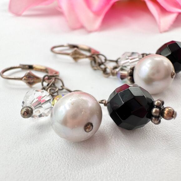 925 Silver Pearl Crystal Glass Beaded Dangle Cha Cha Earrings Black White Boho - Picture 7 of 12